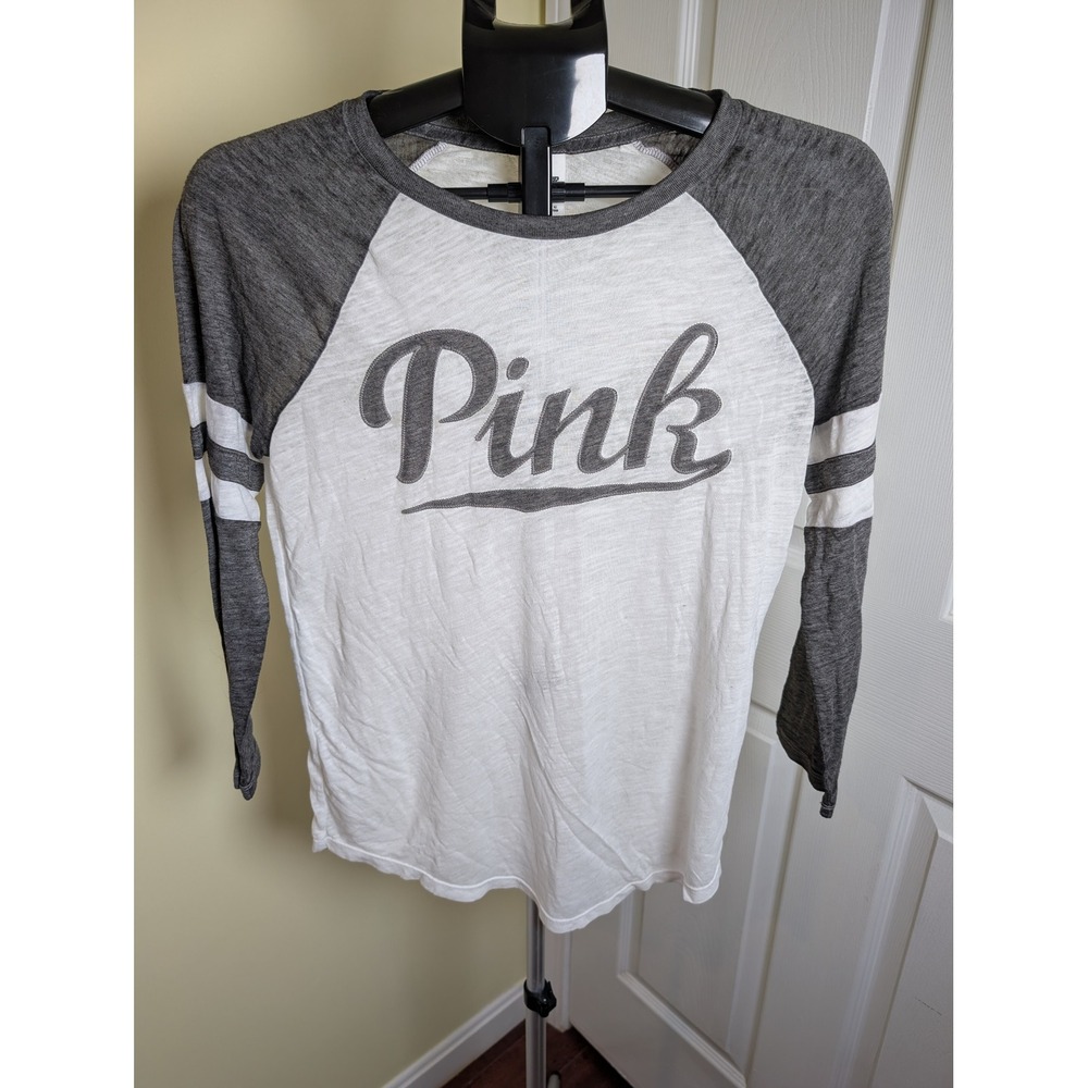 Pink Victoria's Secret Raglan Tee Women XS White Grey Baseball Long Sleeve